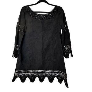 La Blanca Embroidered Lace Scalloped Hem Black Tunic Cover Up Small